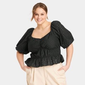 A New Day Puff Elbow Sleeve Eyelet Top